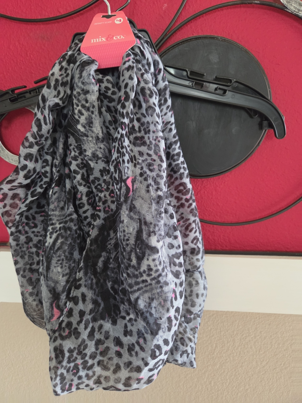 Leopard Print Lightweight Scarf - Gray with Pink Accents